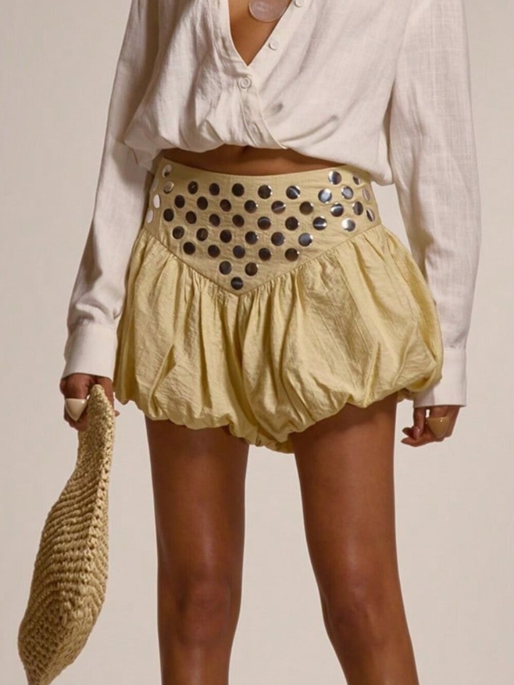 Light Yellow Casual Women's Studded Mid Rise Mini Shorts